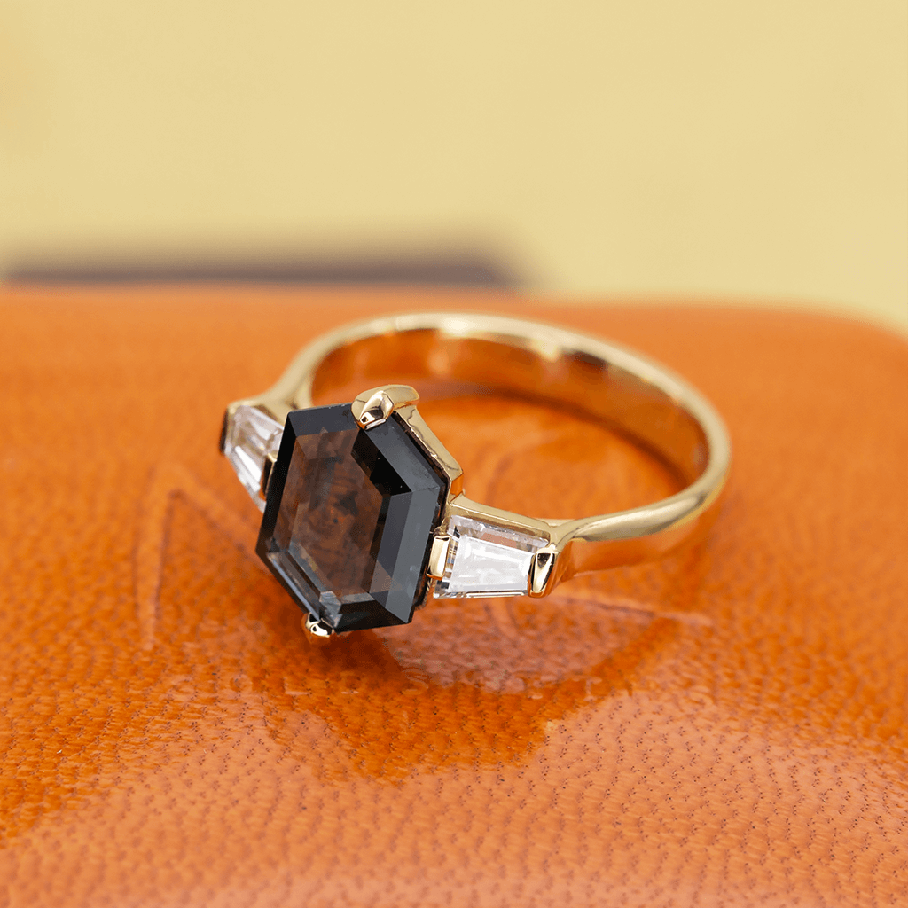 Hexagonal Teal Sapphire Three Stone Engagement Ring with Baguette Diamonds - Neil Rayment Goldsmiths