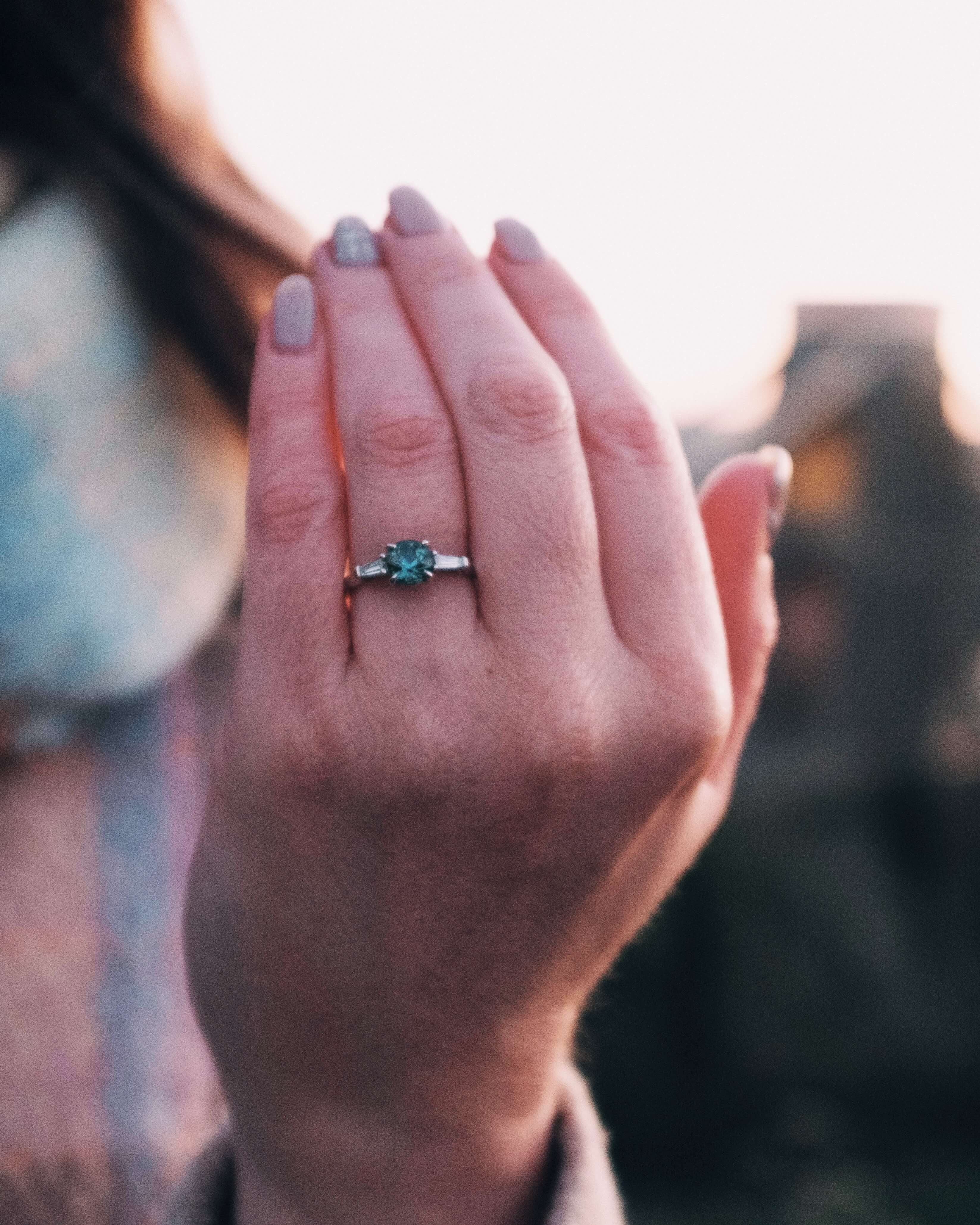 Three Stone Teal Sapphire Art Deco Engagement Ring with Tapered Baguette Diamonds - Neil Rayment Goldsmiths