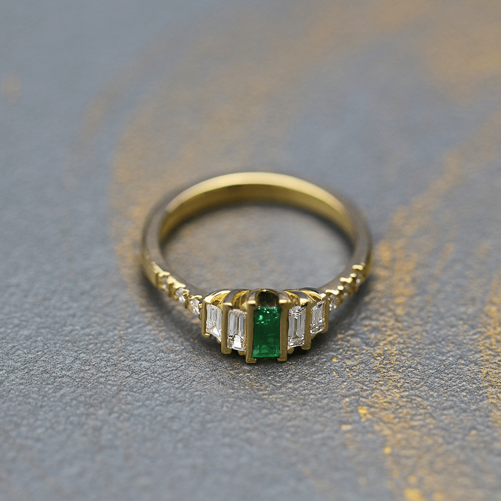 Art Deco Emerald and Diamond Engagement Ring with Baguette Step Setting - Neil Rayment Goldsmiths