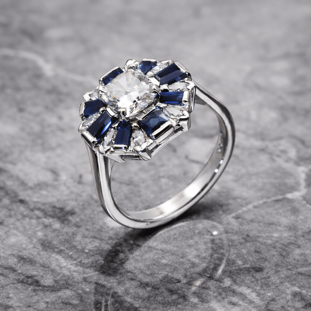 Art Deco Cluster Engagement Ring with Baguette & Marquise Diamonds and Ceylon Sapphires - Neil Rayment Goldsmiths