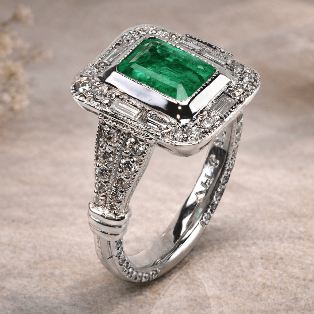 Emerald Cut Emerald Art Deco Engagement Ring with Diamond Halo - Neil Rayment Goldsmiths