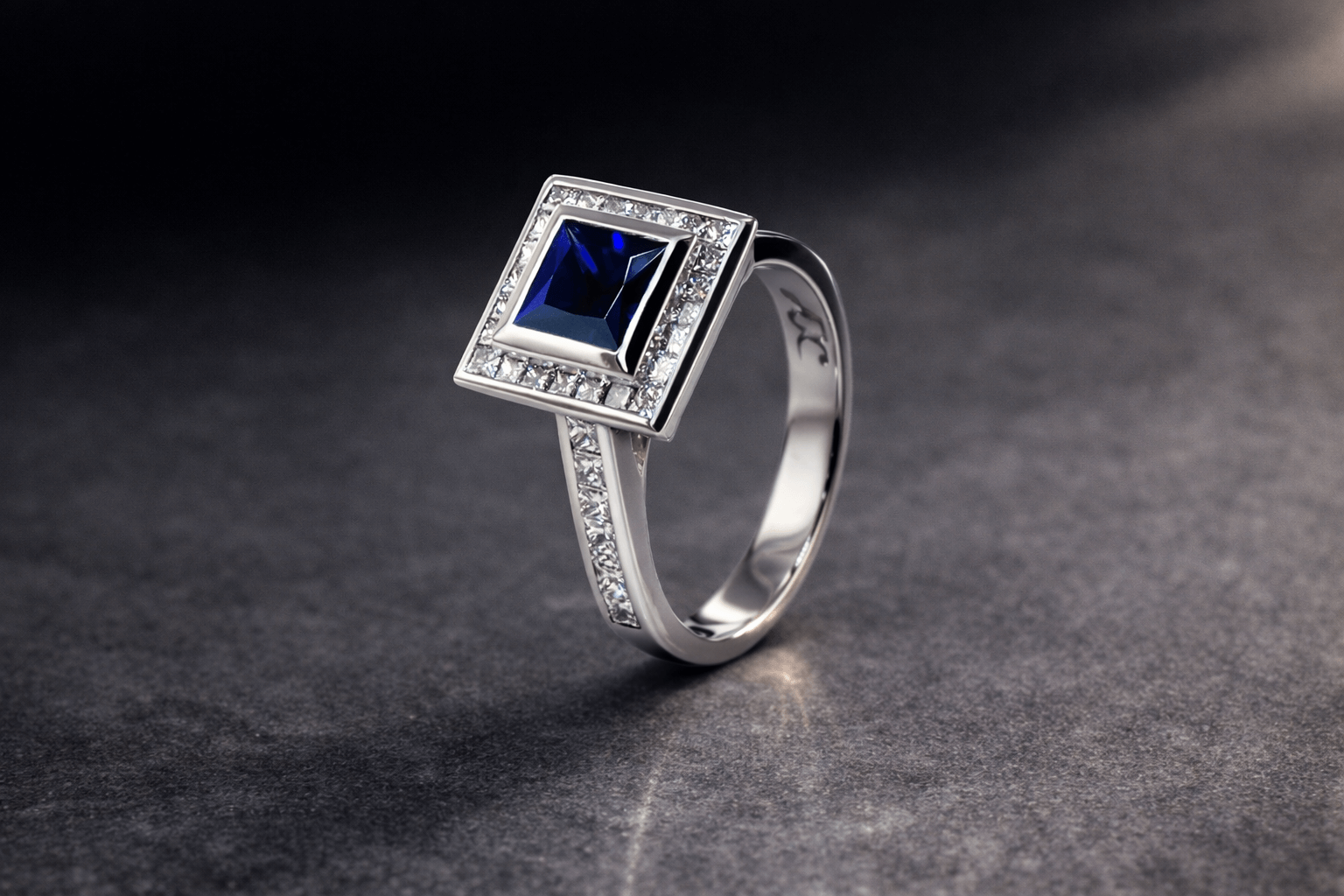 Princess Cut Sapphire Engagement Ring with Princess Cut Diamond Halo - Neil Rayment Goldsmiths