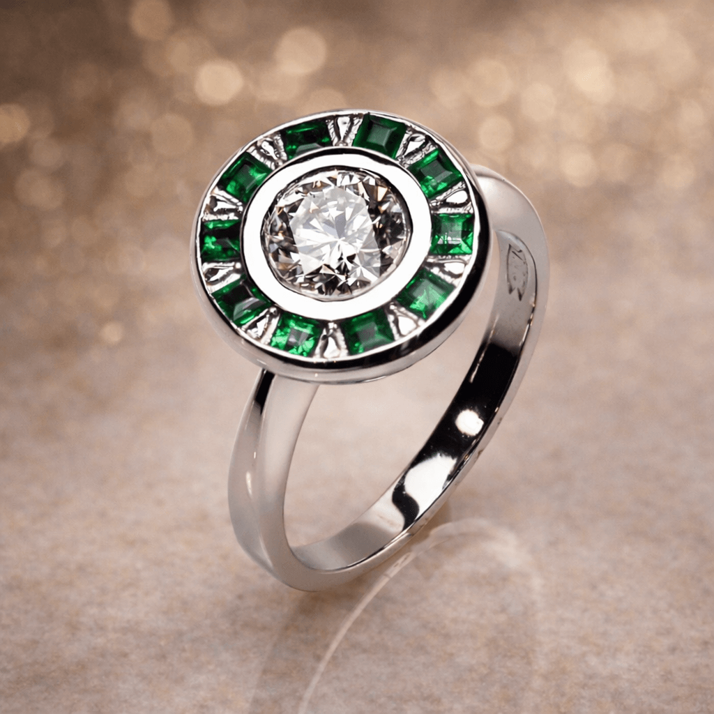 Round Diamond Engagement Ring with Princess Cut Emerald Halo - Neil Rayment Goldsmiths