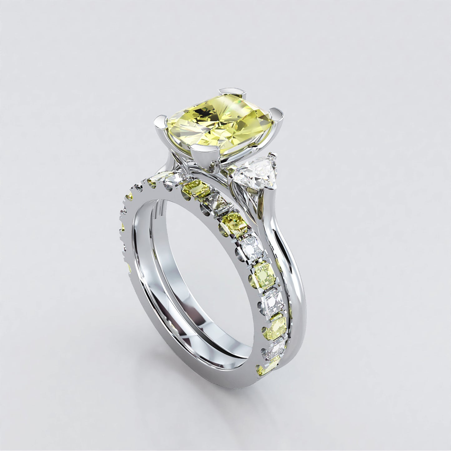 Sunshine: Yellow and White Cushion Cut Diamond Fitted Wedding Band