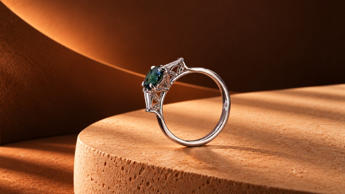 Three Stone Teal Sapphire Art Deco Engagement Ring with Tapered Baguette Diamonds - Neil Rayment Goldsmiths