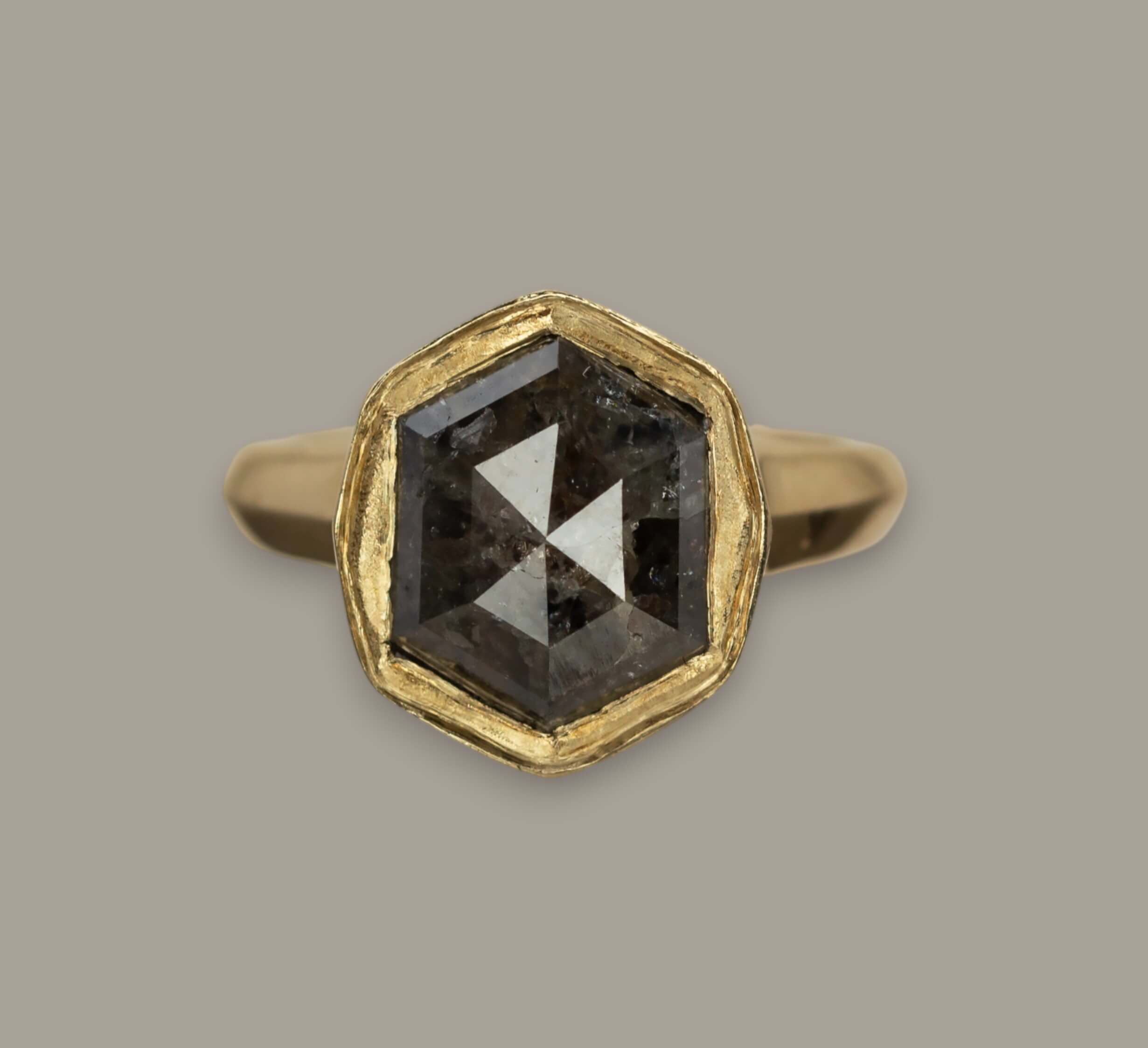 Salt & Pepper Hexaganol Diamond Signet Ring (9ct Yellow)