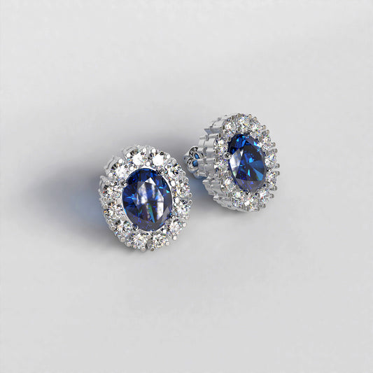 Vintage Halo: Platinum Stud Earring with 0.5ct Sapphire Centre Stone and Diamond Halo