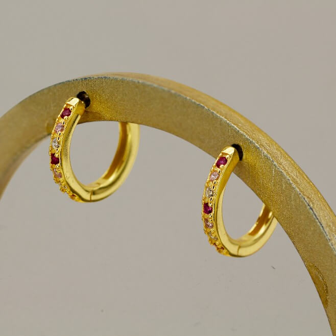 Gold Huggie Earring (White +Pink Stones)