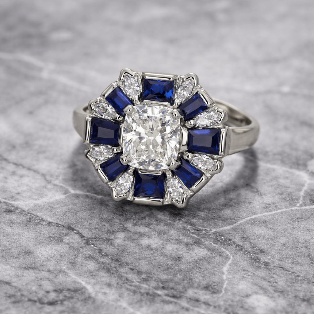 Art Deco Cluster Engagement Ring with Baguette & Marquise Diamonds and Ceylon Sapphires - Neil Rayment Goldsmiths