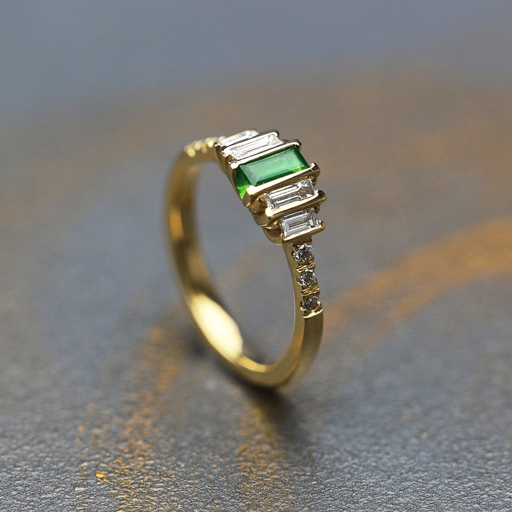 Art Deco Emerald and Diamond Engagement Ring with Baguette Step Setting - Neil Rayment Goldsmiths