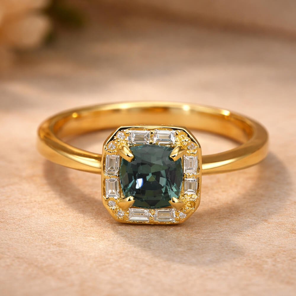 Cushion Cut Teal Sapphire & Baguette Diamond Halo Engagement Ring - Neil Rayment Goldsmiths