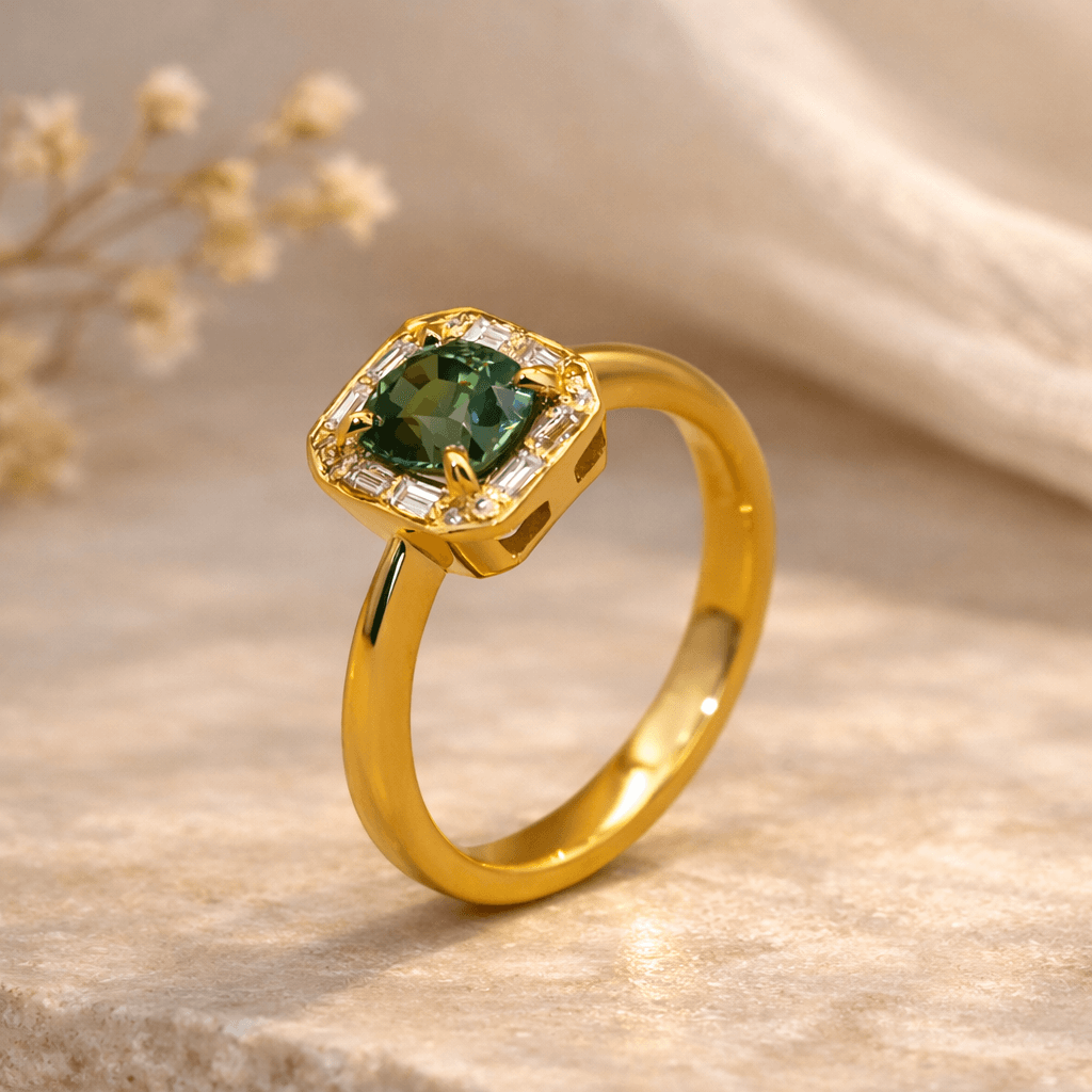 Cushion Cut Teal Sapphire & Baguette Diamond Halo Engagement Ring - Neil Rayment Goldsmiths