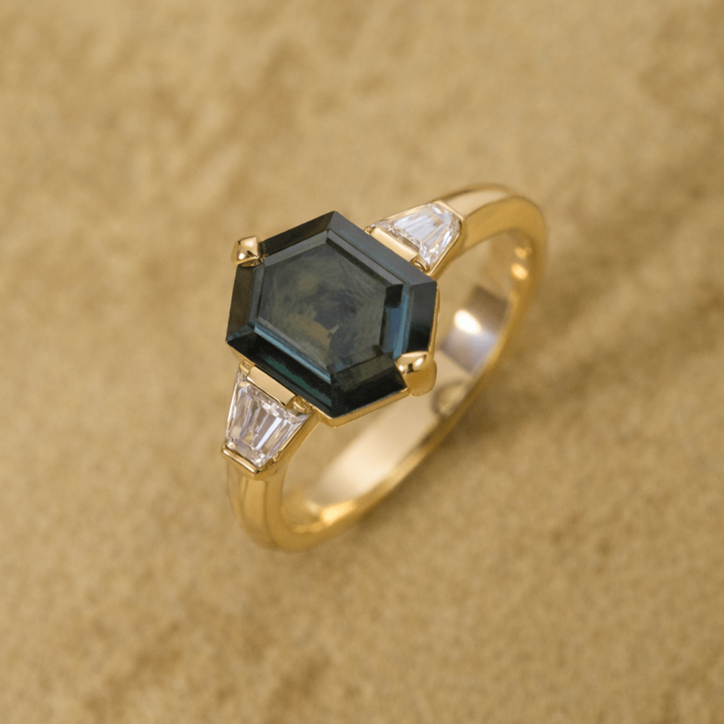 Hexagonal Teal Sapphire Three Stone Engagement Ring with Baguette Diamonds - Neil Rayment Goldsmiths