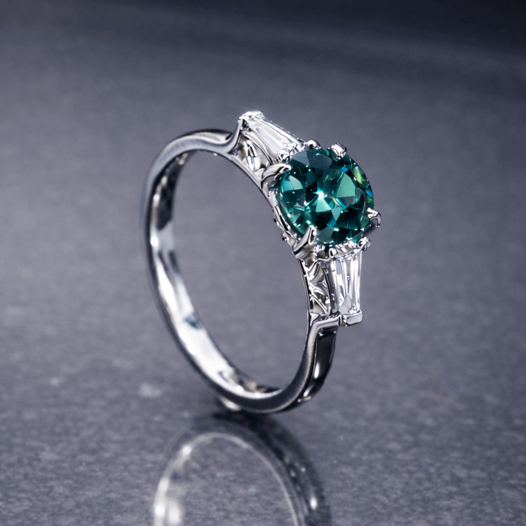 Three Stone Teal Sapphire Art Deco Engagement Ring with Tapered Baguette Diamonds - Neil Rayment Goldsmiths