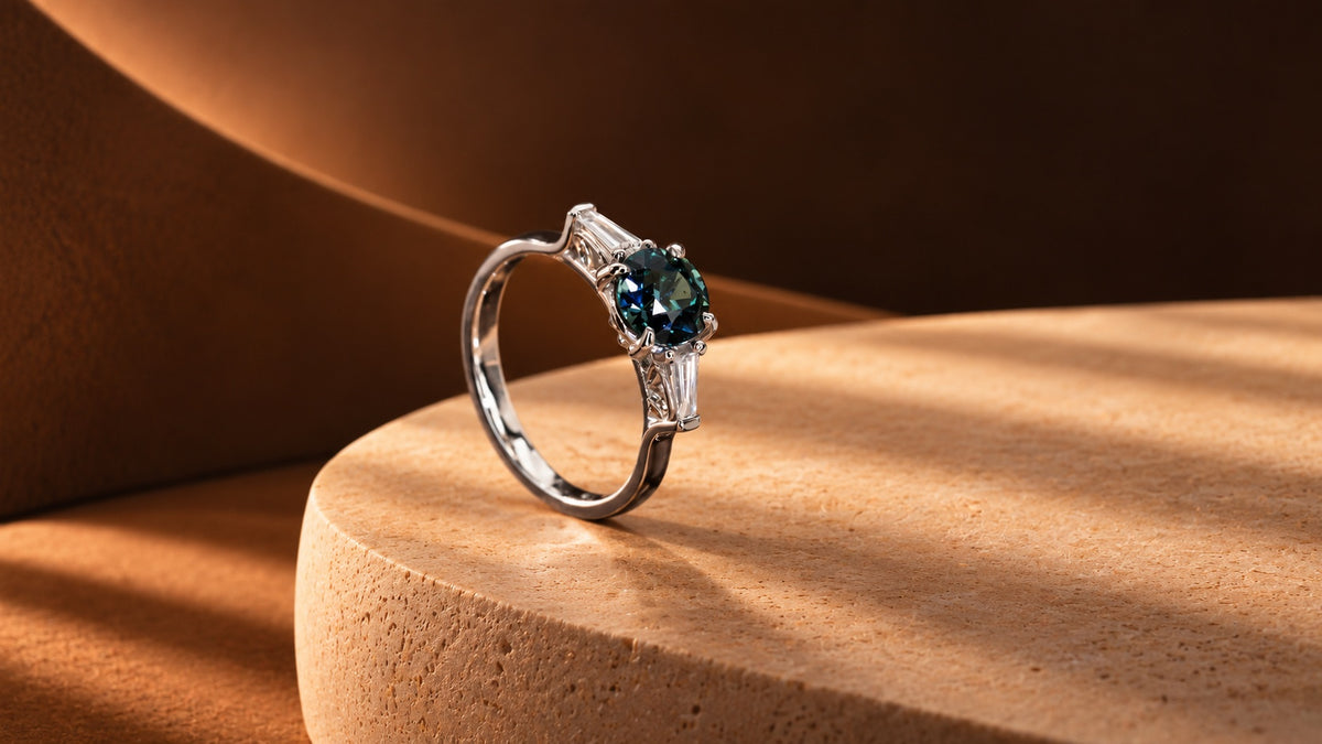 Three Stone Teal Sapphire Art Deco Engagement Ring with Tapered Baguette Diamonds - Neil Rayment Goldsmiths
