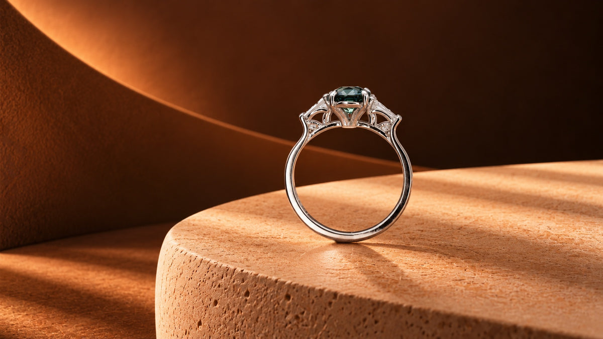 Three Stone Teal Sapphire Art Deco Engagement Ring with Tapered Baguette Diamonds - Neil Rayment Goldsmiths