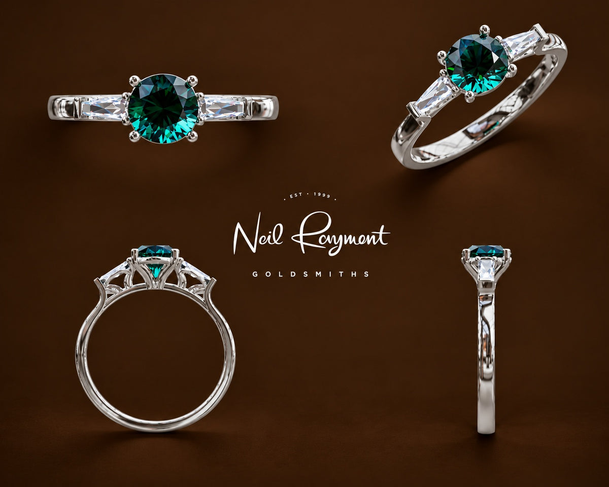 Three Stone Teal Sapphire Art Deco Engagement Ring with Tapered Baguette Diamonds - Neil Rayment Goldsmiths
