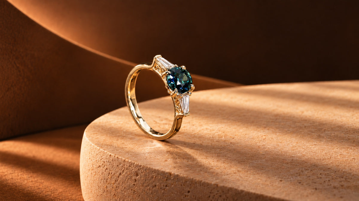 Three Stone Teal Sapphire Art Deco Engagement Ring with Tapered Baguette Diamonds - Neil Rayment Goldsmiths