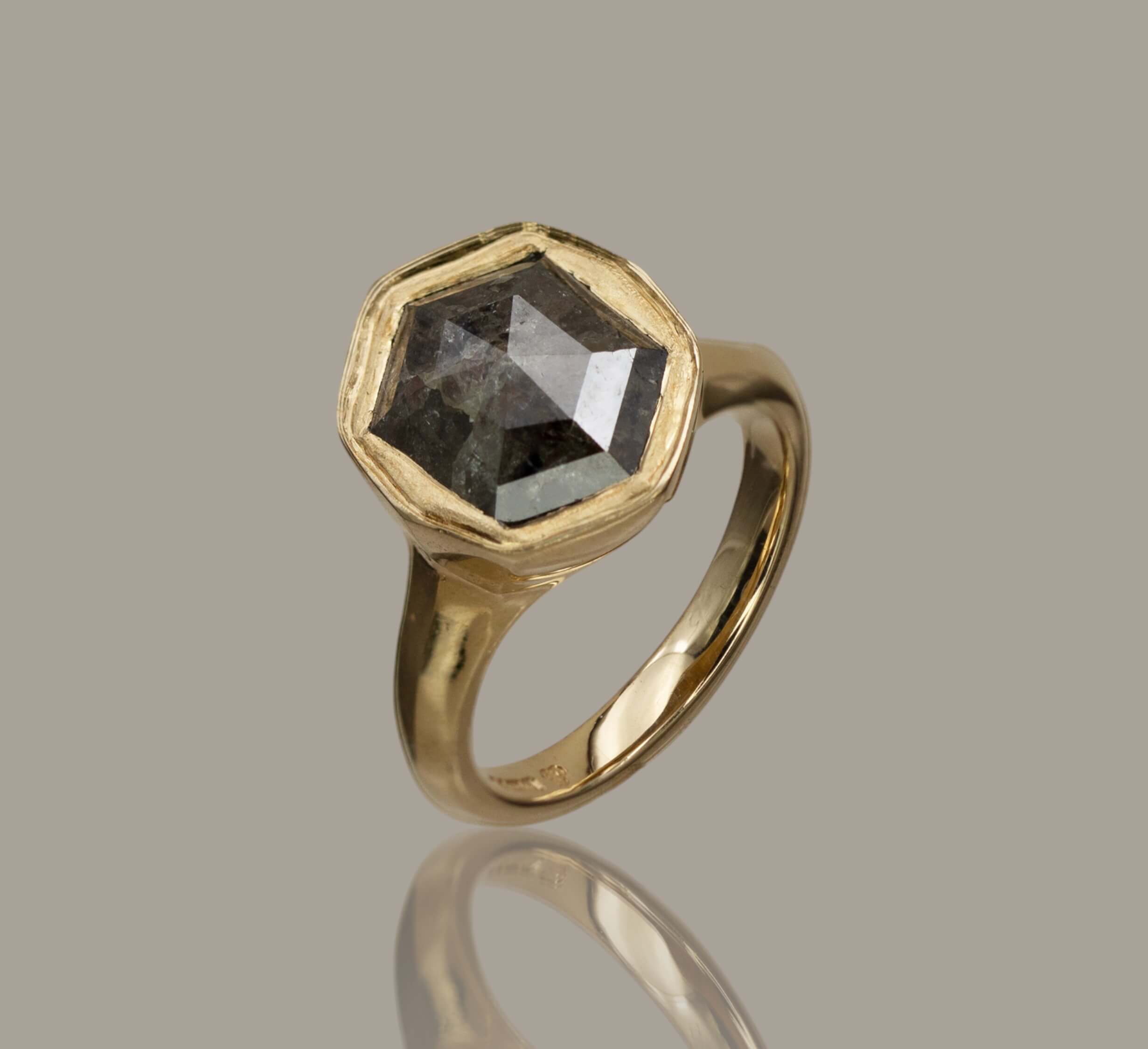Salt & Pepper Hexaganol Diamond Signet Ring (9ct Yellow)