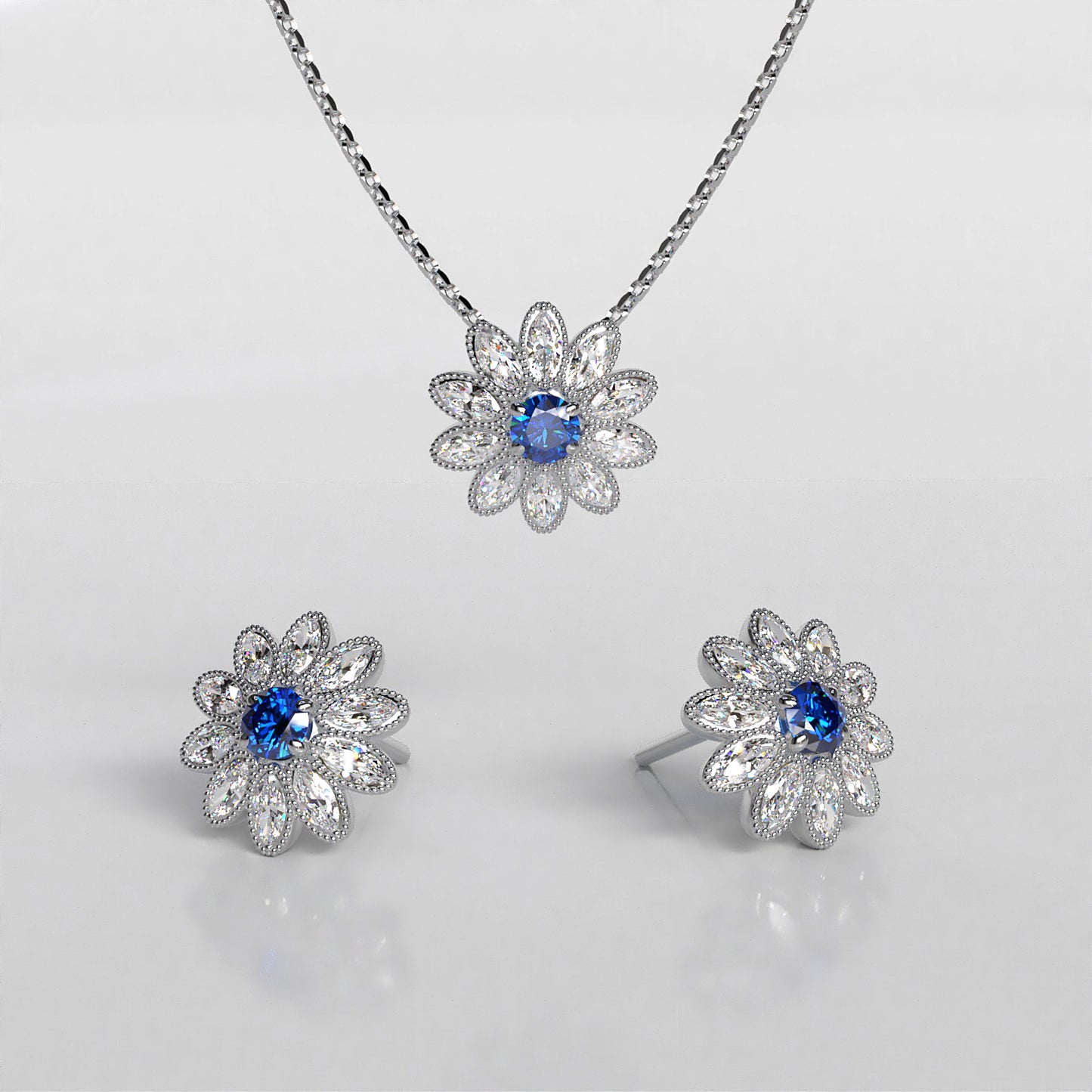 Bluestar: 18ct White Gold Blue Diamond Flower Stud Earrings